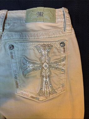Miss Me Cream Skinny Jeans with Rhinestone Cross Pocket